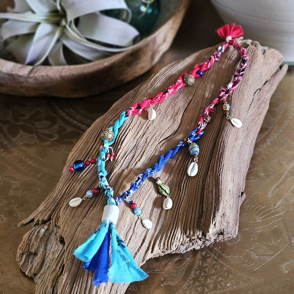 Boho Beach Necklace Shells + Charms on Bandana Cord Coastal Cowgirl Summer